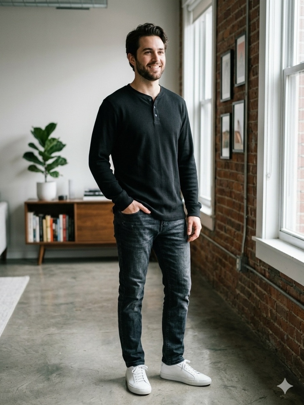 GEORGE Black Long-Sleeve Henley Shirt. Size XL